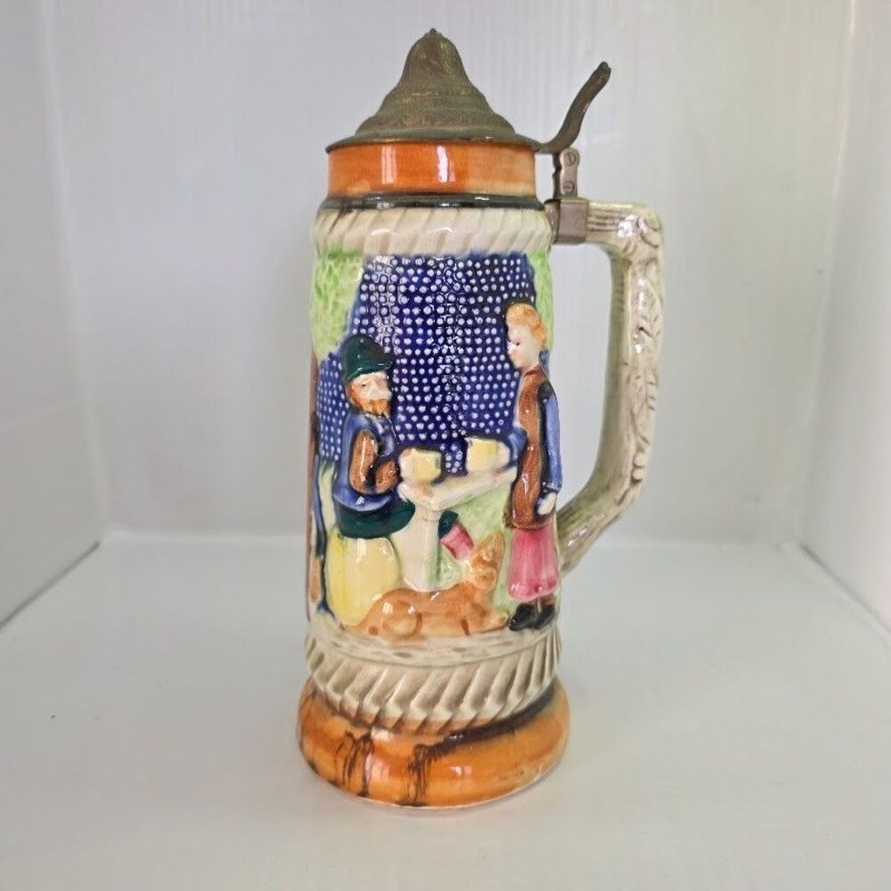 VTG Glazed Ceramic Beer Stein European Style Relief Molded Figures Metal Lid